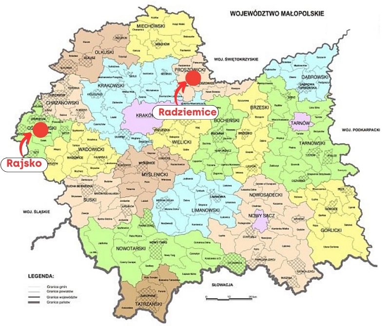 Mapa województwa małopolskiego z zaznaczoną lokalizacją Rajska i Radziemic