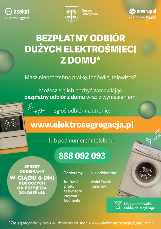 Plakat "bezpłatny odbiór elektrośmieci" z podanym numerem telefonu, adresem strony internetowej i wskazanie co można oddać